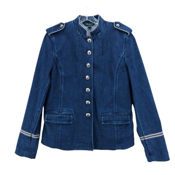 LRL Ralph Lauren Blue Denim Military Officer Style Jacket Crest Button Size 12